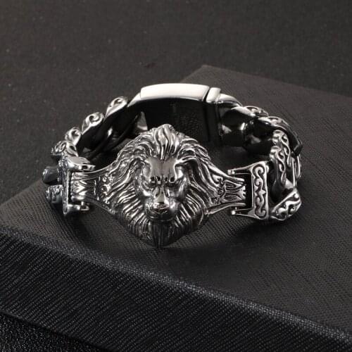 Heavy Stainless Steel Lion Head Bracelet For Men Vintage Mens Animal Jewellery Accessories Hiphop Curb Cuban Totem Bracelets