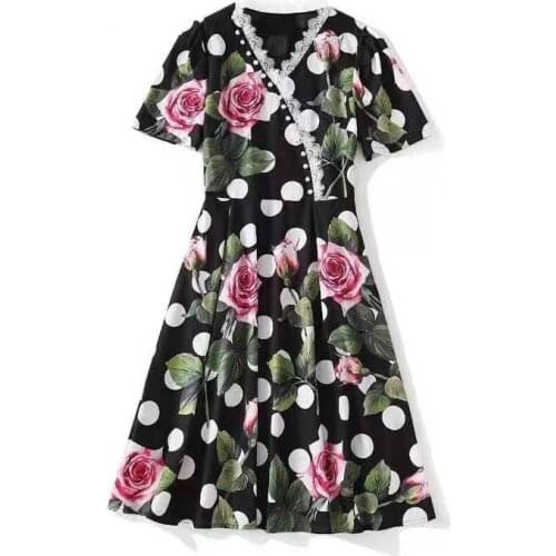 European and American womens wear for spring 2021 Short sleeve v-neck Fashion black dress with polka dot floral print