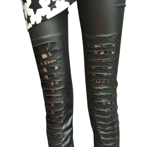 Lady ripped immitation leather pants high street elastic striped hole leggings floral lace pencil leggings hollow out bottom