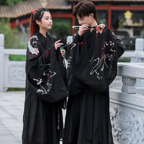 Large Size Unisex Chinese Hanfu Black Embroidery Cosplay Costume Lovers Stage Show Clothing Women&Men Long Robe Gown 3XL 4XL