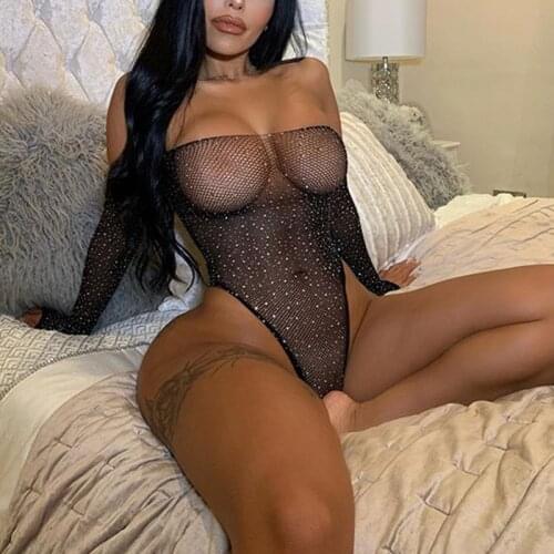 Full Sleeve Backless Slim Club Party Rompers New Women Glitter Rhinestones Slash Neck Sexy Bodysuit Fishing Net Mesh Transparent