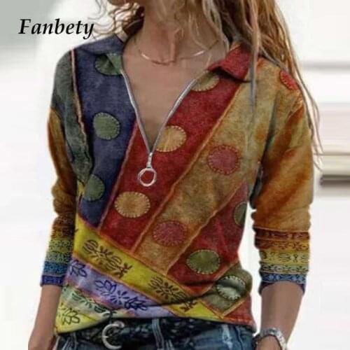 2020 Vintage Print Autumn Ladies Pullover Tops Women Casual V Neck Zipper Tee Shirts Elegant Female Loose Long Sleeves T Shirts