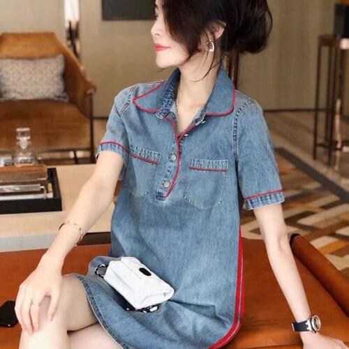 2021 New Arrival Summer Women Denim Dresses Short Sleeves Loose A-word Dresses Plus Sizes Solid Denim Dresses Robe Femme NZ014