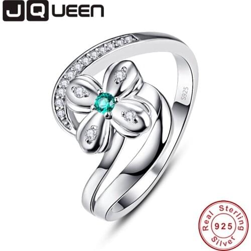 JQUEEN Round Emerald Petal Shape Rings For Women Silver Ring 925 Jewelry Pave Setting Crystal Jewelry Bijoux Femme