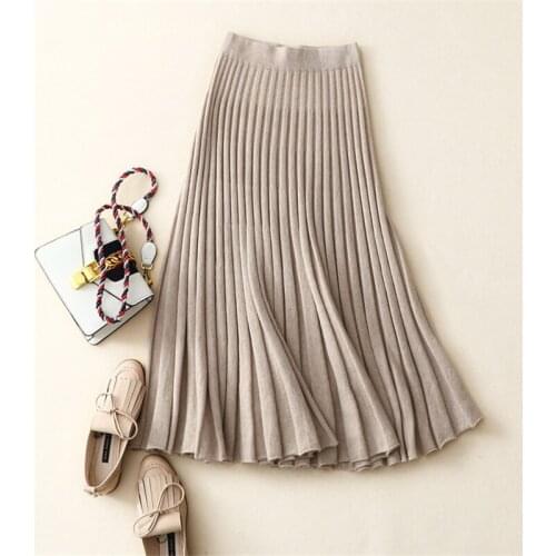 100%cashmere knit women pleated skirts half length trumpet high waist wide hem A-line beige 4colors M/L wholesale retail