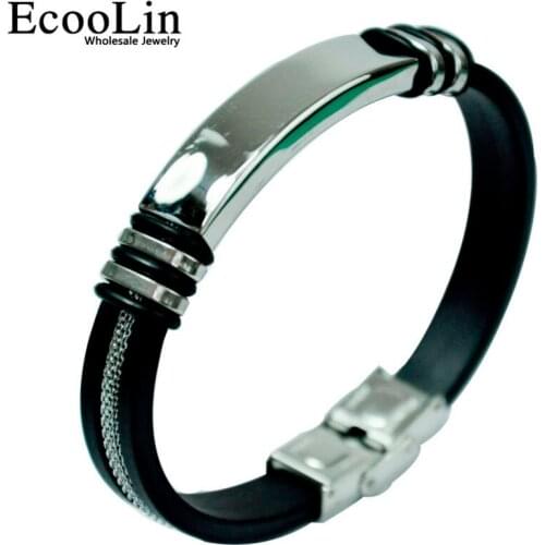 2018 Fashion Wristband black Punk Rubber Silicone Stainless Steel Men Bracelets Mens Bangles pulseras hombre caucho LR4094