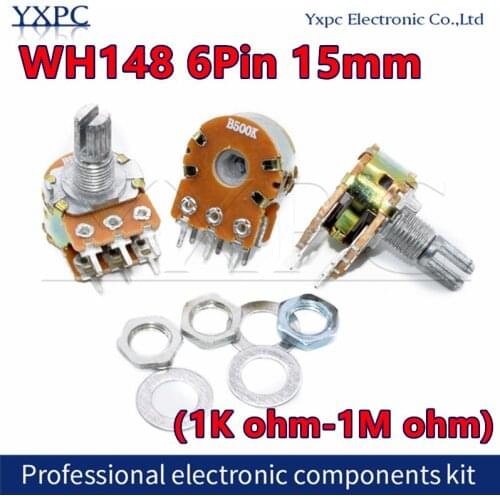 30pcs WH148 6Pin 15mm B1K B2K B5K B10K B20K B50K B100K B500K Amplifier Dual Stereo Potentiometer 1K 2K 5K 10K 50K 100K 500K