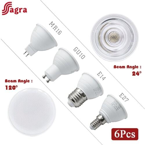 6pcs/lot E27 E14 MR16 GU10 LED Spotlight Bulb 220V 6W Bombillas LED Lamp 24/120 degree Lampara Spot Light Cold Warm white
