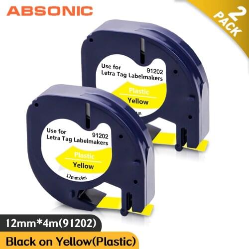 Absonic 2PK Compatible Dymo LetraTag 91202 Printer Ribbon Black on Yellow Plastic Label Tapes 91332 91222 91202 LT-100H LT-100T
