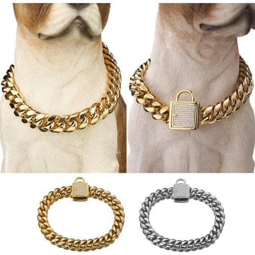 14mm Wide Heavy Duty Choke Cuban Chain Stainless Steel Metal Dog Collar with Safety Lock Slip Training Collars for Large Dogs