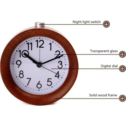 Round Wooden Desktop Alarm Clock with Night Light Creative Simple Design Table U2JC