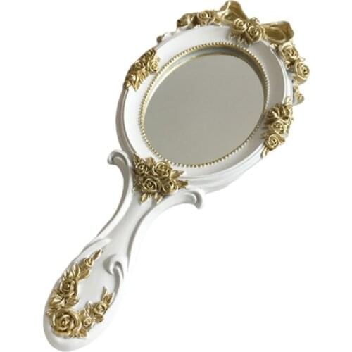European Style Vintage Handheld Roses Mirror Princess Women Girls Oval Vanity Makeup Cosmetic Tool with Anti-Slip Handle