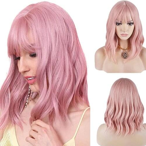 FGY Ladies Fashion Short Wave Bob Wig Wavy Pink Synthetic Natural Wig Curly Bangs Heat-Resistant Fiber Cosplay Party