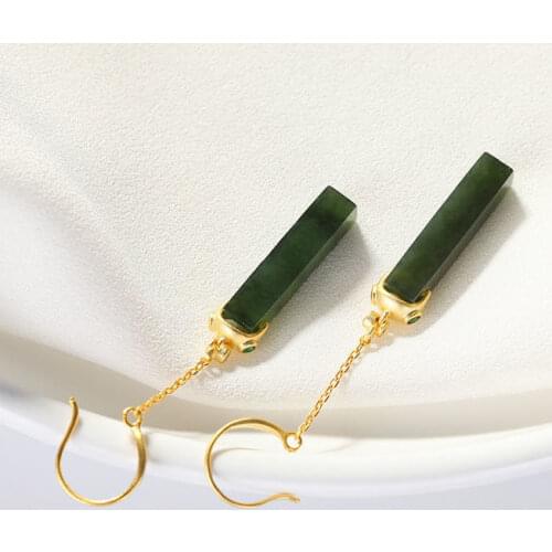 Natural Hetian Jade White Jade Chinese Style Earrings S925 Sterling Silver Womens Earrings Simple Rectangular Classical Ear Hoo