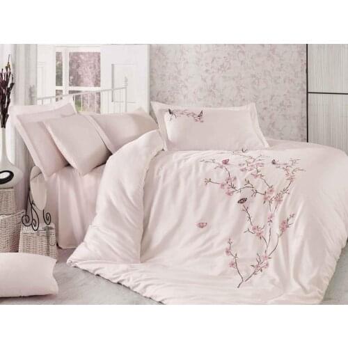 Butterfly 3d Embroideried Cotton Satin Duvet cover set Powder Powder