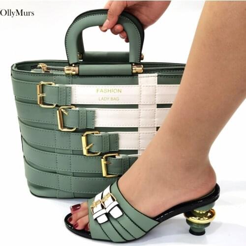 Italian Elegant Ladies Green Color High Heels Shoes And Bag Set Fashion Women Slipper Pumps Shoes And Bag For Party