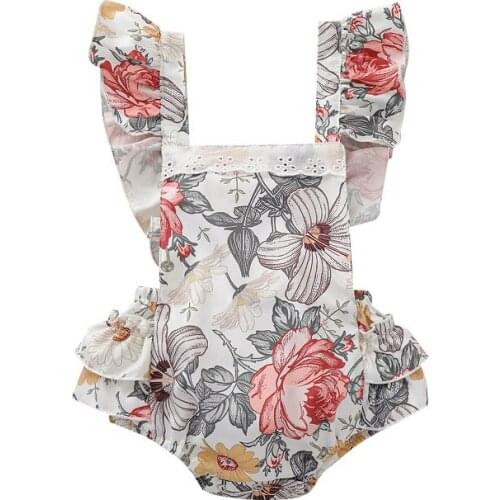 2021 Infant Baby Girl Flower Printed One-piece Jumpsuit Ruffled Fly Sleeve Lace Decoration Square Neck Triangle Bodysuit Summer