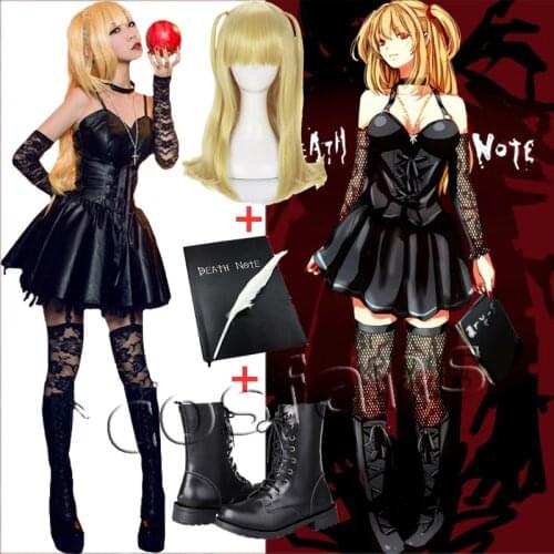 Death Note Misa Cosplay Costume Misa Amane Imitation Leather Sexy Dress +gloves+stockings+necklace Uniform Outfit Cosplay Wigs