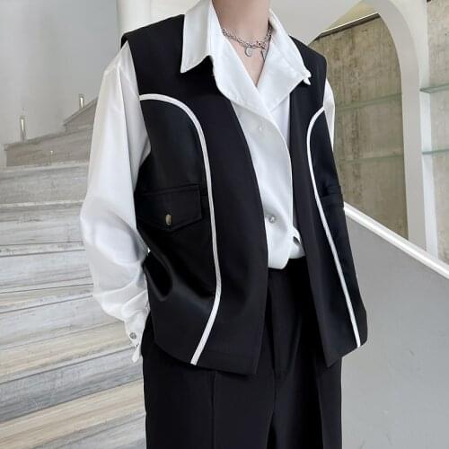 Satin Splice Blazer Vests Men Korean Streetwear Fashion Vintage Loose Casual Suit Vest Coat Male Sleeveless Jacket Waistcoat