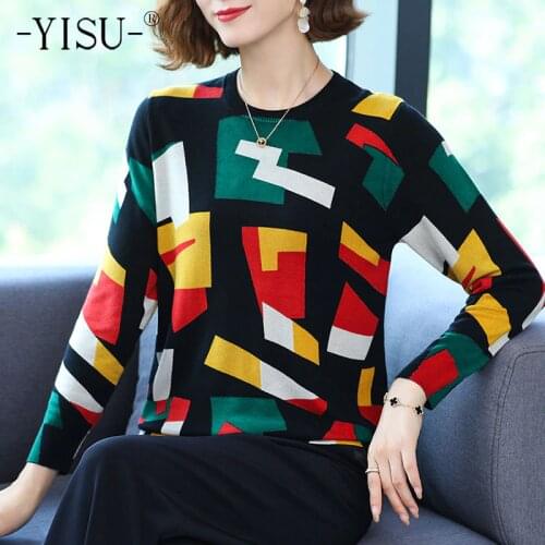 YISU Autumn Women Sweater O-Neck Stitching color Autumn tops Long sleeves Jumper Female Casual Loose Wool Knitted pullove