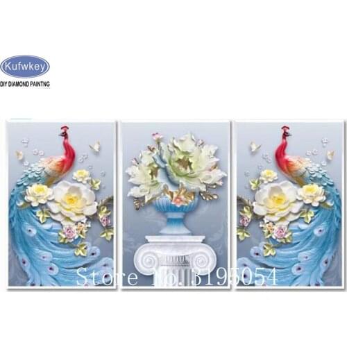 Full,Diamond Embroidery,red Peacock,peony,5D,diy,Diamond Painting 3 pcs,Cross-Stitch,kits,3D,Diamond Mosaic,home Decoration,gift