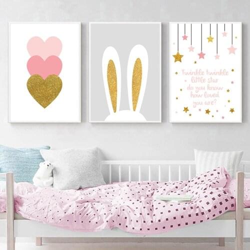 Pink Heart Cartoon Rabbit Wall Art Canvas Poster Nursery Quotes Print Nordic Painting Wall Picture Kids Living Room Decoration