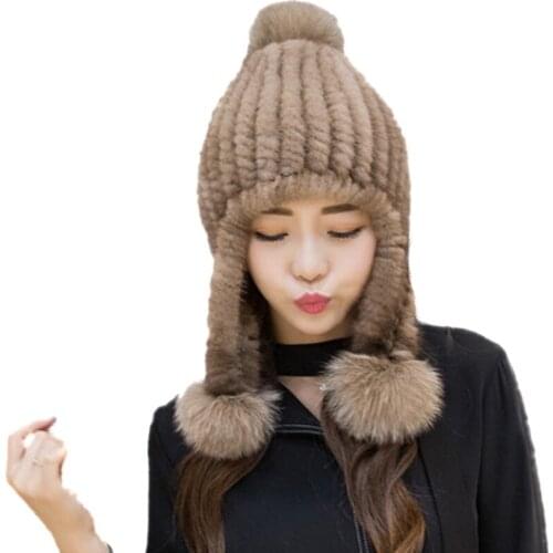 Women Real Mink Fur Bomber Hats Winter Warm Earmuffs Caps With Fox Fur Pompom Brown Wine Black