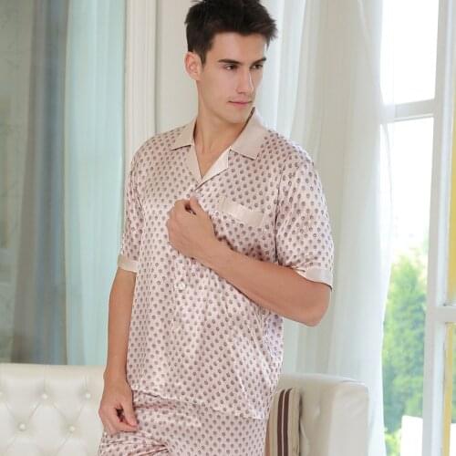 Adult Silk Sleepwear Short Sleeve V Neck Mens Simulation Silk Pajamas Top and Pant Silk Homewear Plus Size Nightwear D-2180