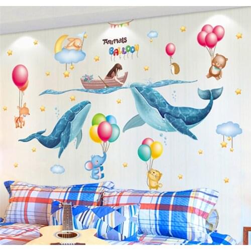 [shijuekongjian] Whales Girl Wall Sticker DIY Balloons Animals Mural Decals for Kids Rooms Baby Bedroom Nursery House Decoration