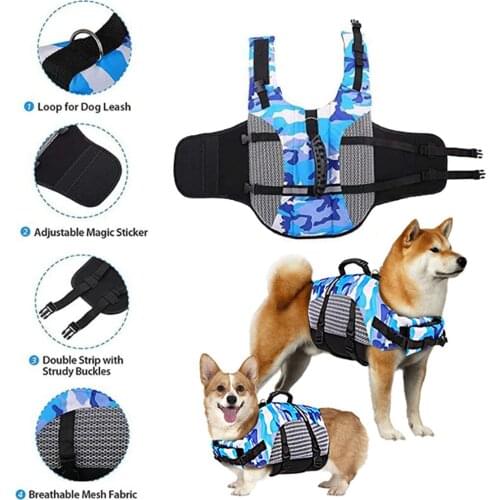 Reflective Pet Dog Jackets Ripstop Dog Safety Vest Adjustable Preserver Enhanced Buoyancy & Rescue Handle Dog Swimming Clothes