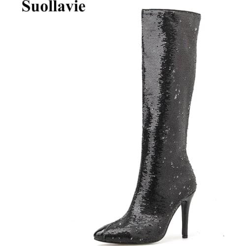 Women Shoes уют Glittering Sequin Mermaid High Boots Bling Bling Paillette Dress Boots Chic Knee-High Boots Black Ladies Shoes