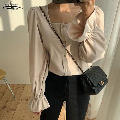 2020 Autumn New Chic All Match Square Collar Delicate Slender Flare Sleeves Solid Elegant Casual Office Lady Loose Shirts 10944