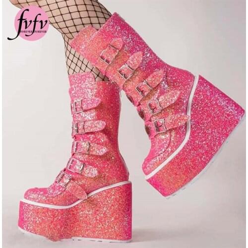 [FVFV]INS Brand Luxury Designer Platform Block High Heels Women Mid Calf Boots Fashion Candy Color Zipper Goth Ladies Shoes