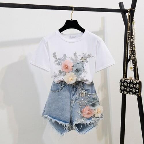 Fashion Cotton T-Shirt Tops + Short Jeans 2 Pieces Sets 2020 New Summer Womens Denim Pants Outfits 3D Flowers Beading Suits