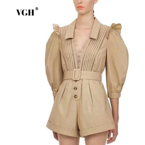 VGH Casual Patchwork Lace Women Short Jumpsuit V Neck Lantern Short Sleeve High Waist With Sashes Hollow Out Playsuit Female New