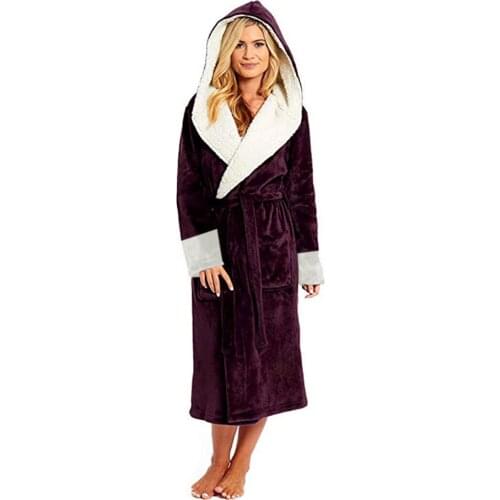 Women Plush Lengthened Shawl Bathrobe Home Clothes Long Sleeve Robe Coat Sleepwear Pocket Soft Winter Pajamas