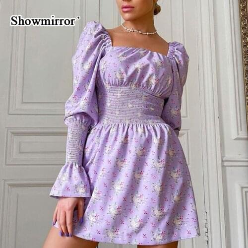 Showmirror Flower Floral Sundress Elegant Mini Dress Autumn Puff Sleeve Ruffles Vintage Short Dresses Ladies Fashion 2021