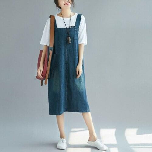 Womens Casual Literary Loose Wild Denim Strap Large Size Long Thin Dress Solid Colors Are Versatile Fashion 2020
