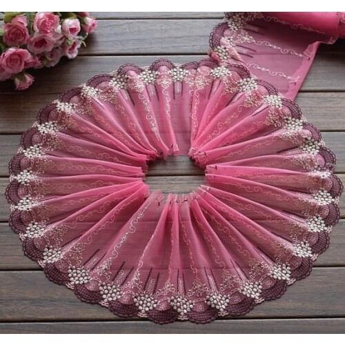 2 Yards Lace Trim Flowers Floral Embroidered Hot Pink Tulle Lace 7 Inches Wide