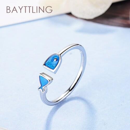 BAYTTLING New 925 Sterling Silver Blue Cute Fish Open Ring For Woman Fashion Wedding Jewelry Gift