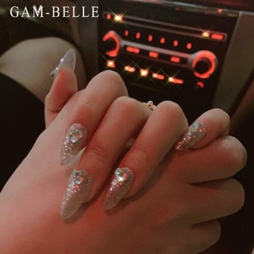 GAM-BELLE Silver Glitter Fake Nails With Heart Rhinestones Long Oval Full Artificial False Nail Tips Press on Nails Art Decor