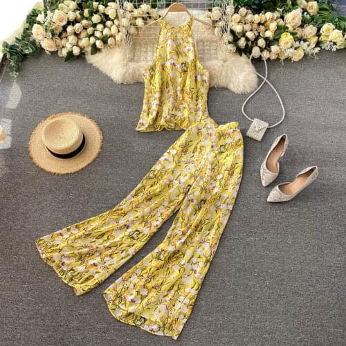 Jastie 2021 Summer Holiday Style Boho Floral Two-piece Set Women Suit Off-shoulder Halter Top + High-waist Wide-leg Pants