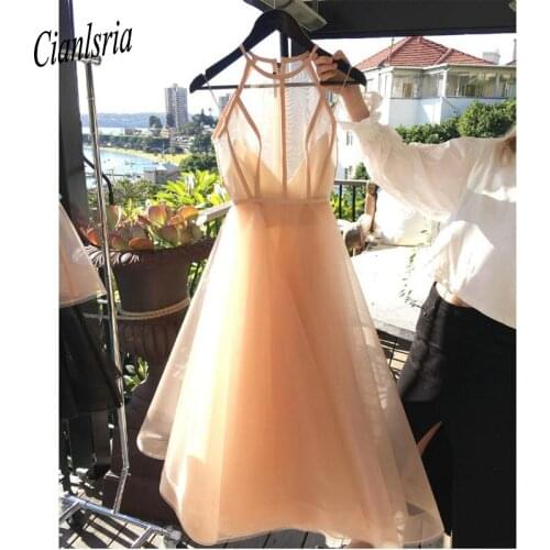 Champagne Homecoming Dresses Tea Length Prom Gowns Elegant See Thru Sexy Cocktail Dresses Pretty Formal Dress For Graduation