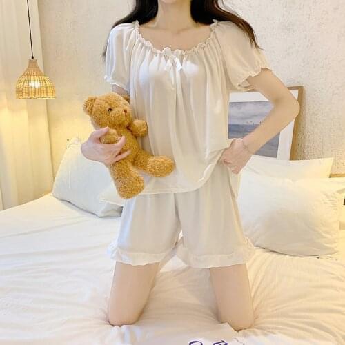 Women Pajamas Sets 2 Pcs Outfits Sleepwear Lounge White Lingerie Loungewear Summer Short Sleeve Tops Short Night Shirt Sleeping