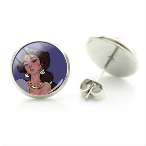 Disney Creative Design Princess Pattern Earrings Belle And Jasmine Princess Picture Glass Cabochon New Earrings Jewelry