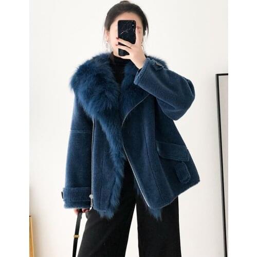 Real Female Sheep Shearling Winter Jacket Women Fox Fur Collar 100% Wool Coat Suede Leather Jackets MY3841