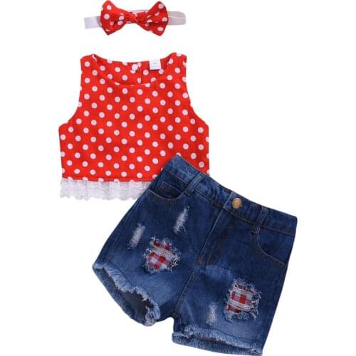 2021 Summer Three Piece Girl’s Clothes Fashion Polka Dot Sleeveless Tops and Ripped Denim Short Pants with Headband Hot Sale