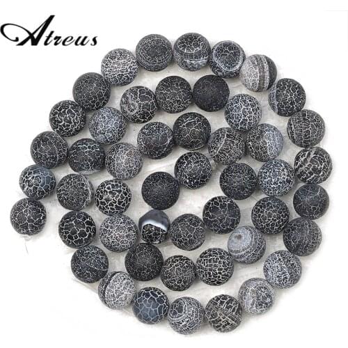 Natural Stone Black Round Beads 6/8/10mm Matte Frost Cracked Fire Dragon Vein Agates Beads For Jewelry Making DIY Bracelet