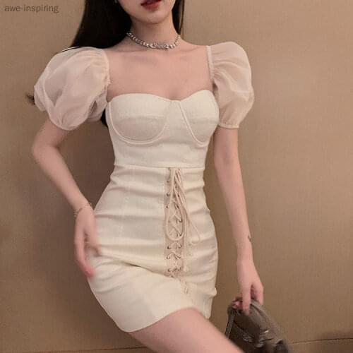 2021 Summer New Slim Puff Sleeve Skirt Female Dignified Elegant Light Mature Wind Square Collar Dress Sexy Thin Buttocks Short S