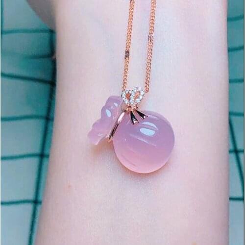 925 Silver Inlaid Natural Chalcedonic Bag Pendant Charm Fashion Blessing Necklace Christmas Gift